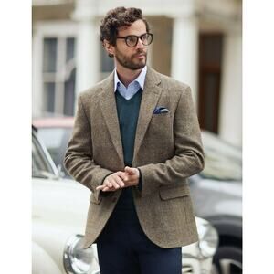 VINTAGE Charles Gregory Tweed BrownBlue Herringbone Wool Blazer Jacket Med/Large